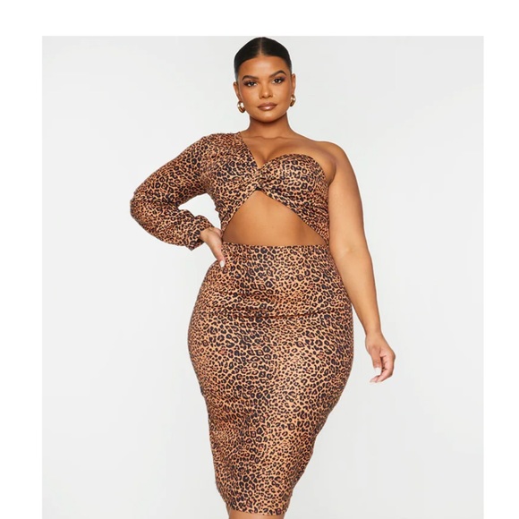 Pretty little thing plus size leopard woven cut one shoulder midi dress - Picture 1 of 2